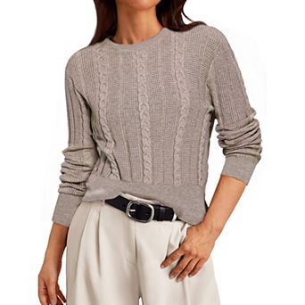 Cable Knit Sweater for Women's Crew Neck Long Sleeve Tops Knitted Crop Sweaters