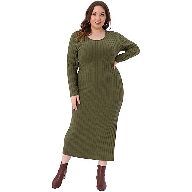 Women's Plus Size Ribbed Knit Dresses Side Slit Crew Neck Long Sleeve Slim Fit Bodycon Maxi Dress