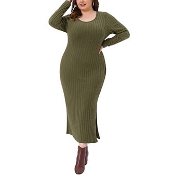 Women's Plus Size Ribbed Knit Dresses Side Slit Crew Neck Long Sleeve Slim Fit Bodycon Maxi Dress