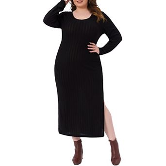 Women's Plus Size Ribbed Knit Dresses Side Slit Crew Neck Long Sleeve Slim Fit Bodycon Maxi Dress