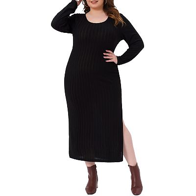 Women's Plus Size Ribbed Knit Dresses Side Slit Crew Neck Long Sleeve Slim  Fit Bodycon Maxi Dress