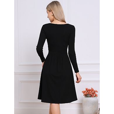 Ribbed Knitted Dress for Women's Long Sleeve Crew Neck High Waist A-Line Casual Dresses