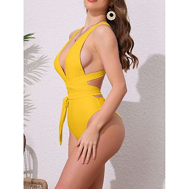 Women's Deep V Neck Back Criss Cross Lace Up Monokini Bikini 1 Piece Tummy Control High Cut Swimwear