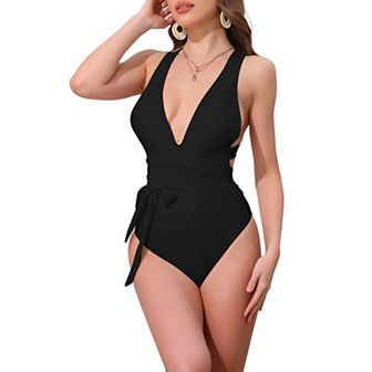 Women's Deep V Neck Back Criss Cross Lace Up Monokini Bikini 1 pc Tummy Control High Cut Swimwear