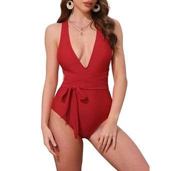 Women's Deep V Neck Back Criss Cross Lace Up Monokini Bikini 1 pc Tummy Control High Cut Swimwear