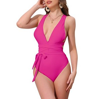 Women's Deep V Neck Back Criss Cross Lace Up Monokini Bikini 1 pc Tummy Control High Cut Swimwear