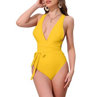 Women's Deep V Neck Back Criss Cross Lace Up Monokini Bikini 1 pc Tummy Control High Cut Swimwear