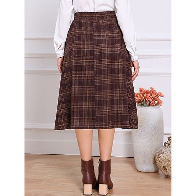 Plaid Skirts for Women's Vintage High Waist Midi A-Line Pleated Skirt with Pockets