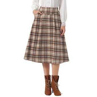Plaid Skirts for Women's Vintage High Waist Midi A-Line Pleated Skirt with Pockets