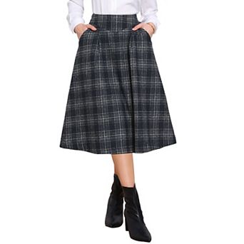 Plaid Skirts for Women's Vintage High Waist Midi A-Line Pleated Skirt with Pockets