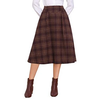 Plaid Skirts for Women's Vintage High Waist Midi A-Line Pleated Skirt with Pockets