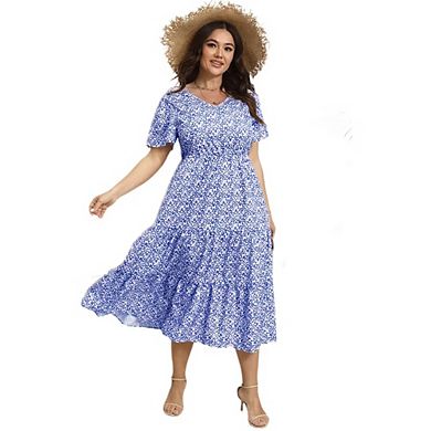 Plus Size Boho Dress Womens Casual Wrap V Neck Small Floral Short Sleeve Maxi Dresses Flowy