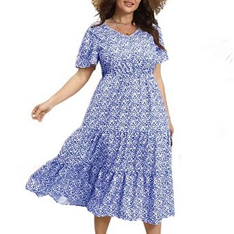 Plus Size Boho Dress Womens Casual Wrap V Neck Small Floral Short Sleeve Maxi Dresses Flowy