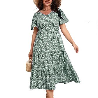 Plus Size Boho Dress Womens Casual Wrap V Neck Small Floral Short Sleeve Maxi Dresses Flowy