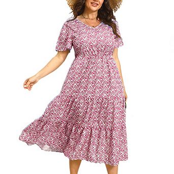 Plus Size Boho Dress Womens Casual Wrap V Neck Small Floral Short Sleeve Maxi Dresses Flowy