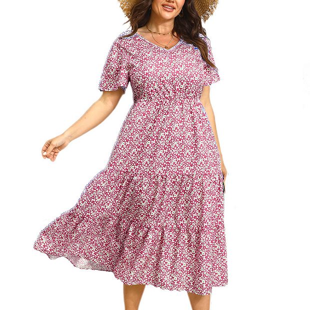 ralph lauren casual dresses Magenta Button Front Tiered Short Sleeve Maxi Dress  SSYS