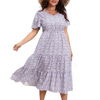 Plus Size Boho Dress Womens Casual Wrap V Neck Small Floral Short Sleeve Maxi Dresses Flowy