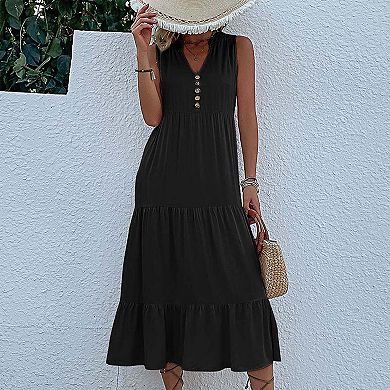 Womens Summer Dress V Neck Sleeveless Button Front Loose Fit Casual Dress