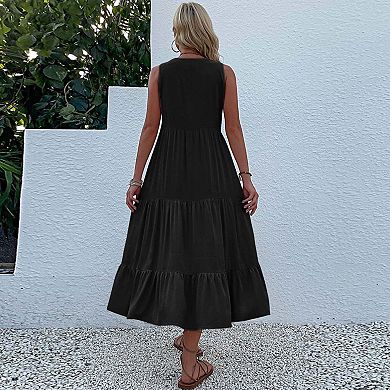 Womens Summer Dress V Neck Sleeveless Button Front Loose Fit Casual Dress