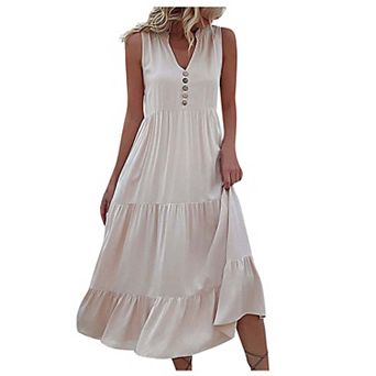 Womens Summer Dress V Neck Sleeveless Button Front Loose Fit Casual Dress