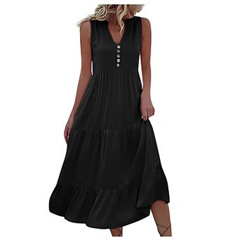 Womens Summer Dress V Neck Sleeveless Button Front Loose Fit Casual Dress