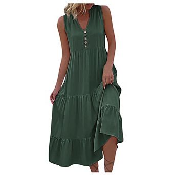Womens Summer Dress V Neck Sleeveless Button Front Loose Fit Casual Dress