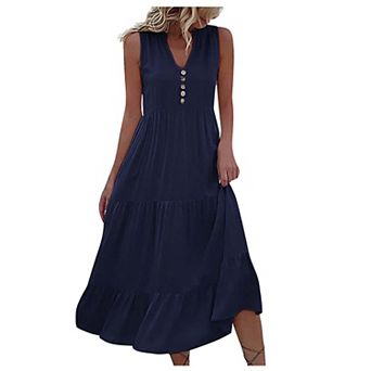 Womens Summer Dress V Neck Sleeveless Button Front Loose Fit Casual Dress