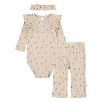 Newborn Baby Girls Huggies Babywear® 100% Organic Ruffle Bodysuit Pants & Headband 3 pc Set