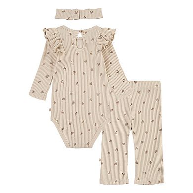 Newborn Baby Girls Huggies Babywear® 100% Organic Ruffle Bodysuit Pants & Headband 3-Piece Set