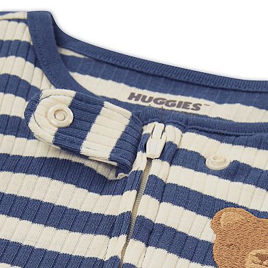 Newborn Baby Boys Huggies Babywear® 100% Organic Striped Footed Sleep & Play with Bear Graphic
