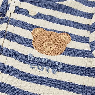 Newborn Baby Boys Huggies Babywear® 100% Organic Striped Footed Sleep & Play with Bear Graphic