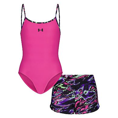 Girls 7-16 Under Armour 2-Piece Solid Swimsuit & Print Swim Shorts Set