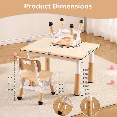 Kids Table and Chairs Set, Toddler Height Adjustable Desk with Graffiti Desktop, 4 Seats