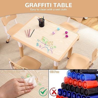 Kids Table and Chairs Set, Toddler Height Adjustable Desk with Graffiti Desktop, 4 Seats