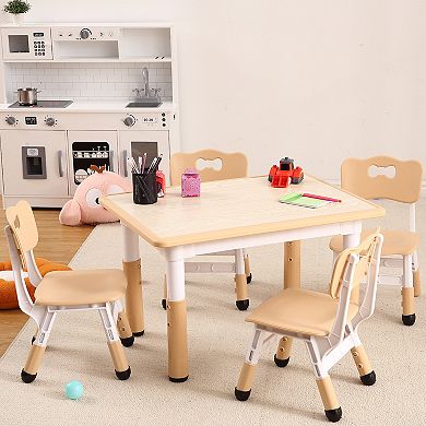 Kids Table and Chairs Set, Toddler Height Adjustable Desk with Graffiti Desktop, 4 Seats