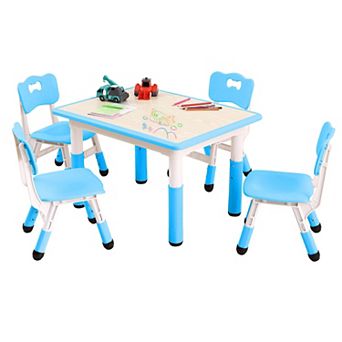 Kids Table and Chairs Set, Toddler Height Adjustable Desk with Graffiti Desktop, 4 Seats