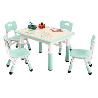 Kids Table and Chairs Set, Toddler Height Adjustable Desk with Graffiti Desktop, 4 Seats
