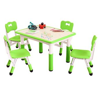 Kids Table and Chairs Set, Toddler Height Adjustable Desk with Graffiti Desktop, 4 Seats