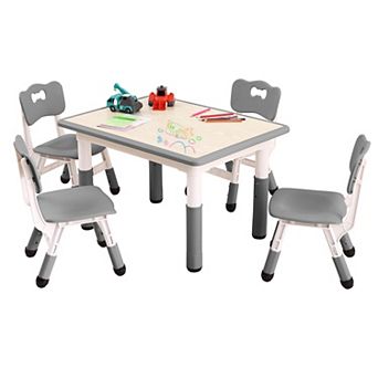 Kids Table and Chairs Set, Toddler Height Adjustable Desk with Graffiti Desktop, 4 Seats