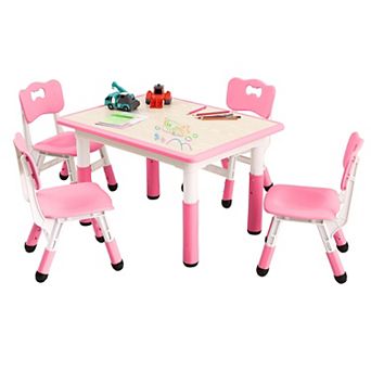 Kids Table and Chairs Set, Toddler Height Adjustable Desk with Graffiti Desktop, 4 Seats