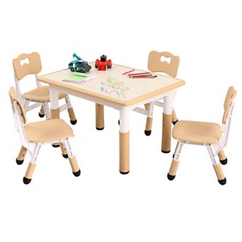 Kids Table and Chairs Set, Toddler Height Adjustable Desk with Graffiti Desktop, 4 Seats
