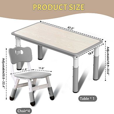 Kids Table and Chairs Set, Toddler Height Adjustable Desk with Graffiti Desktop, 6 Seats