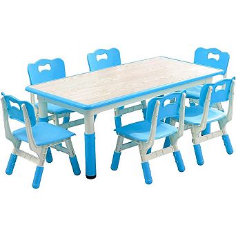 Kids Table and Chairs Set, Toddler Height Adjustable Desk with Graffiti Desktop, 6 Seats