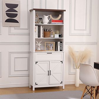 6-Tire Bookshelf With Doors, Farmhouse Bookcase Floor Standing Bookshelves With W/ 1 Drawer