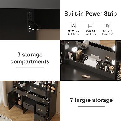 LED Lighted Vanity Desk With Mirror - Makeup Vanity With Adjustable Brightness, Metal Drawers