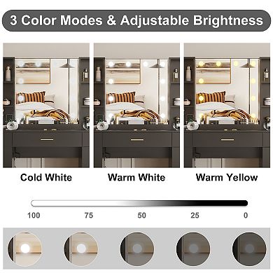 LED Lighted Vanity Desk With Mirror - Makeup Vanity With Adjustable Brightness, Metal Drawers