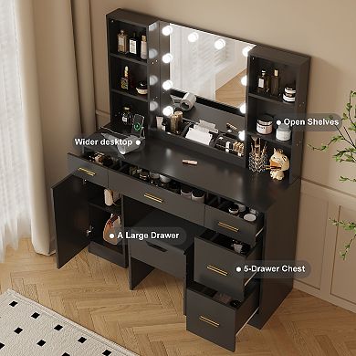 LED Lighted Vanity Desk With Mirror - Makeup Vanity With Adjustable Brightness, Metal Drawers