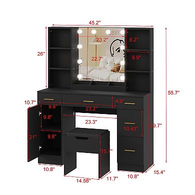 LED Lighted Vanity Desk With Mirror - Makeup Vanity With Adjustable Brightness, Metal Drawers