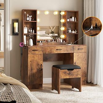 LED Lighted Vanity Desk With Mirror - Makeup Vanity With Adjustable Brightness, Metal Drawers