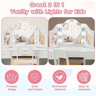 Kids Vanity Set, 2-in-1 Princess Makeup Table with Tri-Folding Mirror & Drawer